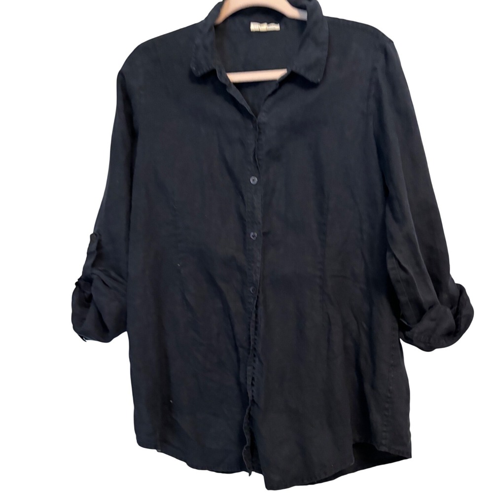 Eileen Fisher Petite 100% Irish Linen Roll‎ Tab Button Down Shirt Navy Blue PL